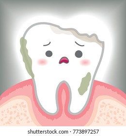 Cute and dirty Decayed tooth with crying face. Standing in pink gum. 