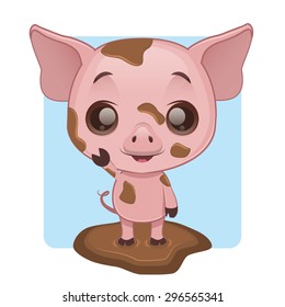Cute dirty pig standing in a puddle