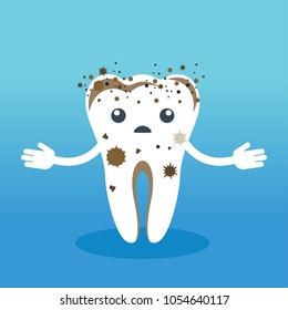 Cute Dirty sick tooth. Flat vector cartoon character illustration. Care of teeth. Dental concept for children dentistry. Prevention of diseases of oral cavity.
