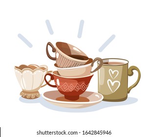 Cute dirty tableware in cartoon style in vector
