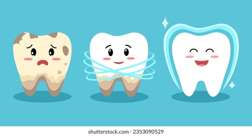 Cute dirty teeth becoming white and healthy cartoon character. Dental care.