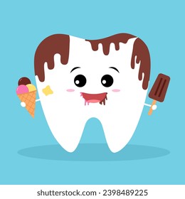 Cute dirty tooth cartoon character eating ice cream in flat design. Dental care concept.