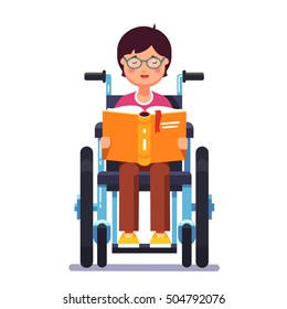 Cute disabled boy kid sitting in a wheelchair and reading a book. Handicapped person. Colorful flat style cartoon vector illustration.