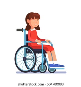 Cute disabled girl kid sitting in a wheelchair. Handicapped person. Colorful flat style cartoon vector illustration.