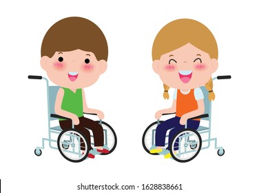 Cute disabled kids sitting in a wheelchair, Handicapped person. Colorful flat style cartoon vector illustration isolated on white background