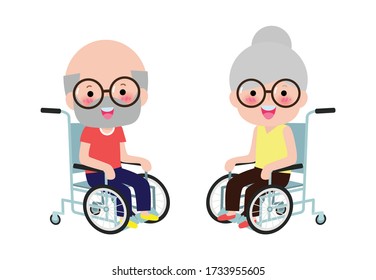 Cute disabled senior couple sitting in a wheelchair, Handicapped person. Colorful flat style cartoon vector illustration isolated on white background