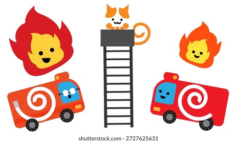 Una linda ilustración de prevención de desastres de un motor de bomberos y llamas usando un camión escalera para extinguir un incendio.