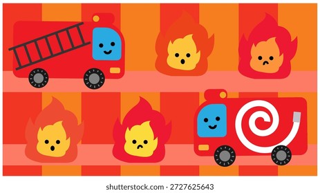 Una linda ilustración de prevención de desastres de un motor de bomberos y llamas enviadas a la escena de un incendio.