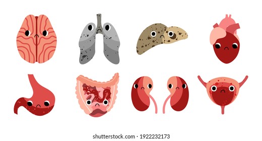 Cute diseased internal organs character with sad face. Unhealthy kawaii human organs with eyes: brain, lungs, liver, heart, stomach, intestines, kidneys, bladder. Vector flat cartoon illustration