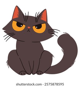 Cute disgruntled black kitten. Flat vector illustration in simple childish style. White background 