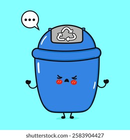 A cute and disgruntled blue recycling bin character expresses its displeasure on a bright cyan backdrop.