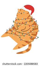 Cute disgruntled ginger cat. The cat is tangled in a Christmas garland. Fat cat in a Santa Claus hat 