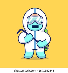 Cute Disinfectant Man Vector Icon Illustration. Corona Mascot Cartoon Character. Person Icon Concept White Isolated. Flat Cartoon Style Suitable for Web Landing Page, Banner, Flyer, Sticker, Card