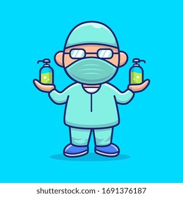 Cute Disinfectant Man Vector Icon Illustration. Corona Mascot Cartoon Character. Person Icon Concept White Isolated. Flat Cartoon Style Suitable for Web Landing Page, Banner, Flyer, Sticker, Card