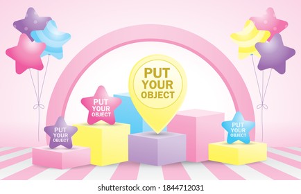Cute display podium with balloon 3D illustration vector in girly style for putting your object.