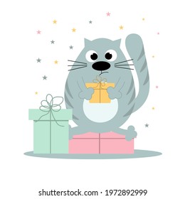 A cute displeased gray cat with a gift in his hands sits on a box. Baby shower. Postcard for the frame in the nursery. Birthday of the cat. Flat vector illustration.