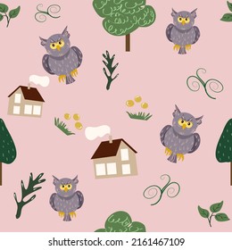 Cute displeased owls on an endless seamless pattern. Owls with other forest elements on a pink background. Illustration for children and printed products.