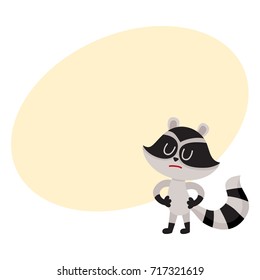 Cute displeased, sad raccoon character showing negative emotion, cartoon vector illustration with space for text. Sad, displeased little raccoon standing with closed eyes and pursed mouth