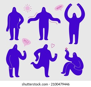 Cute disproportionate cartoon persons vector illustrations set. Adult humans or creatures with strange figures, long arms and small heads in different poses on white background. Mascot concept