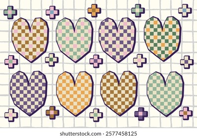 Cute distorted checkered vector hearts, Retro groovy heart shapes with squares in earthy neutral colors