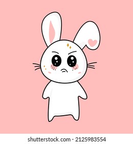 Cute distressed kawaii little hare is standing. Vector flat illustration of a character icon from the kawaii cartoon.