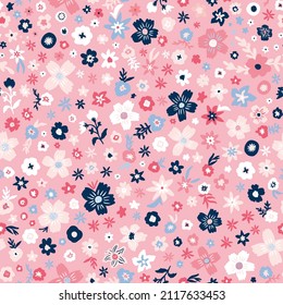 Cute ditsy daisy garden seamless repeat pattern. Random placed, hand drawn, vector flowers with leaves all over print on pink background.