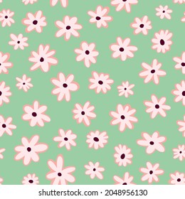 Cute ditsy daisy seamless repeat pattern. Random placed, vector flower heads, hippie all over print on sage green background.