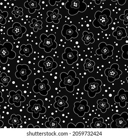 Cute ditsy daisy seamless repeat pattern. Random placed, vector outline flowers with dots all over surface print on black background.