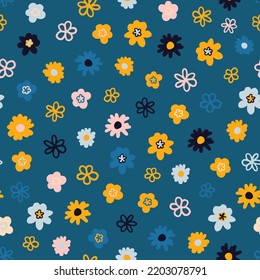 Cute ditsy daisy seamless repeat pattern. Random placed, vector calico flowers all over surface print on bluish background.