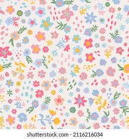 Cute ditsy daiy seamless repeat pattern. Random placed, doodled vector flowers, leaf plants and dots all over print.