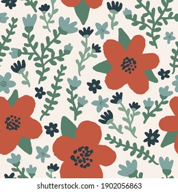 Cute ditsy floral pattern perfect for fashion and children's designs. Rest Navy Blue and Sage design. Seamless vector hand drawn pattern.