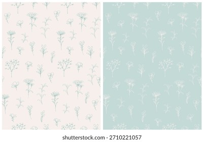 Padrão Floral Bela. Fundo de vetor sem costura com flores minúsculas. Impressões florais infinitas com flores pequenas desenhadas à mão e galhos isolados em um fundo azul claro e bege claro. RGB	