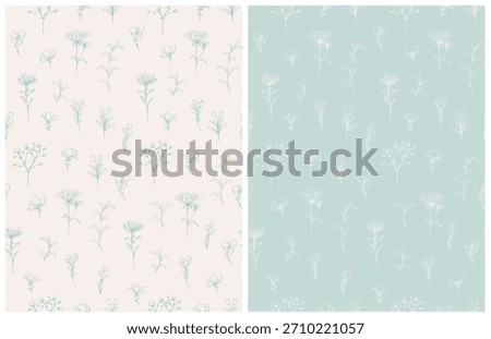 Cute Ditsy Floral Pattern. Seamless Vector Background with Tiny Flowers. Floral Endless Prints with Hand Drawn Little Flowers And Twigs Isolated on a Light Blue and Light Beige Background. RGB.	