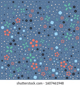Cute ditsy floral seamless pattern with geometric elements. Modern design with dots and flowers in bright colors on blue background.