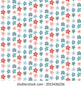Cuidados y florales sin costura con flores de doodle dibujadas a mano en un sencillo estilo escandinavo infantil sobre blanco. El verano brillante diseño abstracto de flores. Fondo del vector