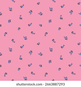 Cute ditsy floral seamless pattern with tiny blue forget-me-not flowers on a pink background.