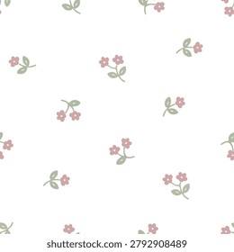 Cute ditsy floral seamless pattern vector illustration. Minimalist retro cottagecore botanical flat design with soft dusty pink twin flowers and sage green leaves on white repeat background, perfect for kawaii kids textile, fabric, wallpaper, and stationery packaging.
