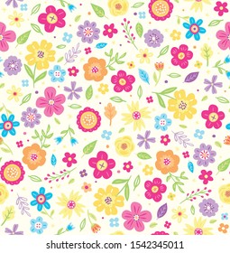 Cute Ditsy Floral Seamless Vector Pattern. Brightly colored flowers on a clean, white background. Repeating pattern can be used for webpages, packaging, backgrounds, or surface designs.
