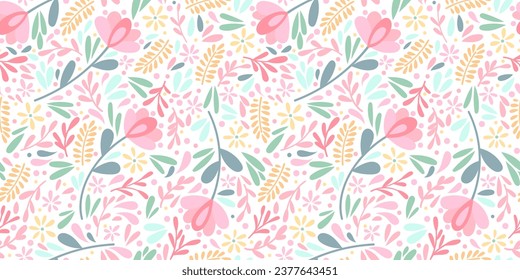 Cute ditsy floral vector pattern background for the spring with scattered flowers and leaves, colorful modern wallpaper