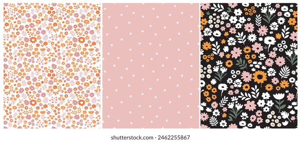 Cute Ditsy Floral Wallpaper. Girly Floral Print. Seamless Pattern with Hand Drawn Flowers. Infantile Style Print with Abstract Garden. Tiny Flowers Isolated on a White, Pink and Black Background.