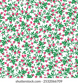 Papel de parede floral bonito Ditsy. Impressão Floral Feminina. Padrão sem costura com flores desenhadas à mão. Estilo infantil Impressão com Jardim Abstrato. Flores pequenas isoladas sobre um fundo branco, rosa e preto.