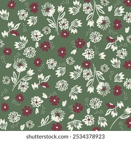 Cute Ditsy Floral Wallpaper. Girly Floral Print. Seamless Pattern with Hand Drawn Flowers. Infantile Style Print with Abstract Garden. Tiny Flowers Isolated on a White, Pink and Black Background.