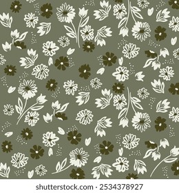 Cute Ditsy Floral Wallpaper. Girly Floral Print. Seamless Pattern with Hand Drawn Flowers. Infantile Style Print with Abstract Garden. Tiny Flowers Isolated on a White, Pink and Black Background.