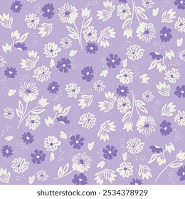 Papel de parede floral bonito Ditsy. Impressão Floral Feminina. Padrão sem costura com flores desenhadas à mão. Estilo infantil Impressão com Jardim Abstrato. Flores pequenas isoladas sobre um fundo branco, rosa e preto.