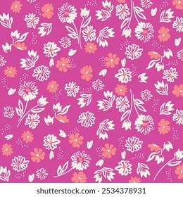 Cute Ditsy Floral Wallpaper. Girly Floral Print. Seamless Pattern with Hand Drawn Flowers. Infantile Style Print with Abstract Garden. Tiny Flowers Isolated on a White, Pink and Black Background.