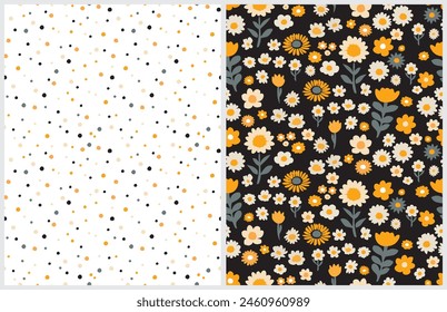 Cute Ditsy Floral Wallpaper. Floral Print. Seamless Vector Pattern with Hand Drawn Flowers and Polka Dots. Infantile Style Abstract Garden. Tiny Yellow Flowers on a Black Background. Dotted Print.