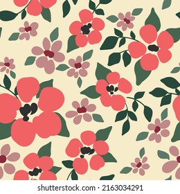 Cute ditsy print with liberty floral composition on a light field. Seamless pattern, feminine botanical background with small pink flowers, tiny hand drawn leaves, romantic spring meadow. Vector.