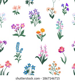 Cute ditsy print on white background. Seamless vector pattern in repeat. Vintage print with small inflorescences. Retro textile design collection.