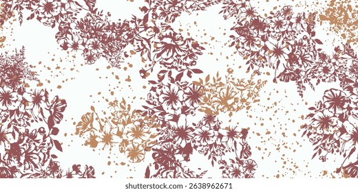 Cute ditsy seamless floral pattern, artistic hand-drawn abstract art with daisy chamomile blooms, blossoms, and botanical branches, for fabric fashion print, and background design.