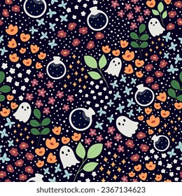 Cute ditsy seamless pattern with ghosts, flowers and potions. Halloween themed vector art for textile, wallpaper, wraping paper, prints, cards and poster.